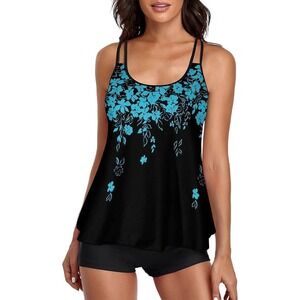 Urchics Womens Tankini Swimsuit Floral Print Two Piece Bathing Suit Black Blue L